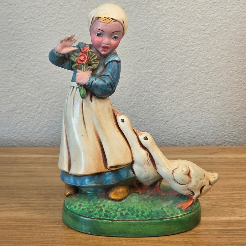 Vintage Holland Mold Figurine Girl with Geese Blue White Hand Painted Ceramic